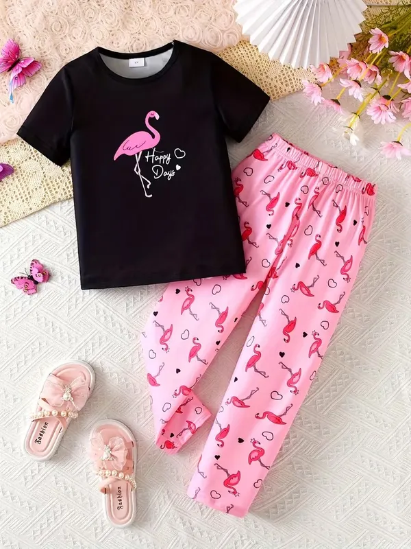 Girls_Black_Flamingo_Print_Nightwear_Set_|_Short_Sleeve_Top_&_Pink_Pajama_Kids_Night_Suit
