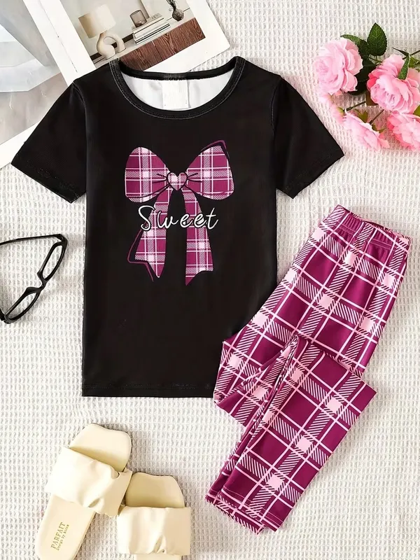 Girls_Black_Printed_Nightdress_Set_|_Sweet_Bow_T-Shirt_&_Wine_Check_Pajama_Nightwear