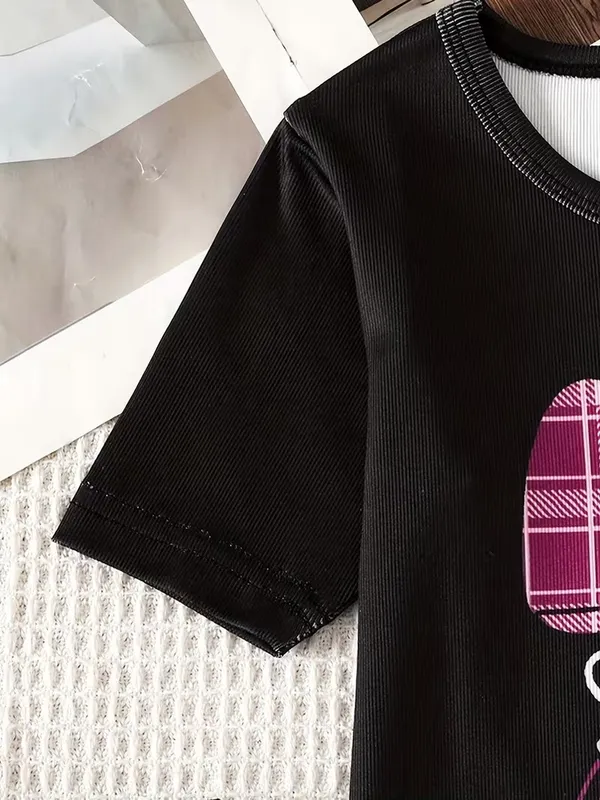 Girls_Black_Printed_Nightdress_Set_|_Sweet_Bow_T-Shirt_&_Wine_Check_Pajama_Nightwear