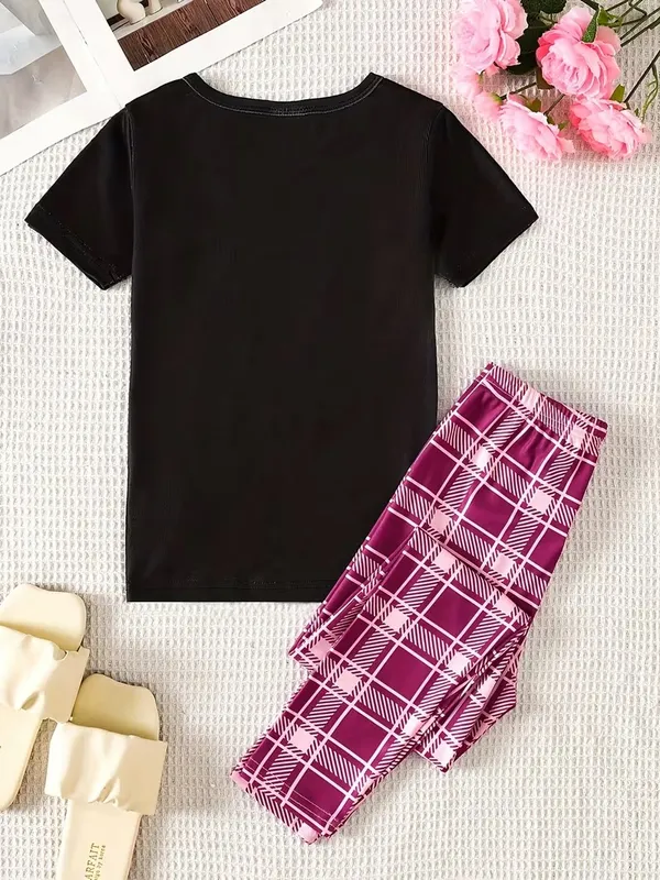 Girls_Black_Printed_Nightdress_Set_|_Sweet_Bow_T-Shirt_&_Wine_Check_Pajama_Nightwear