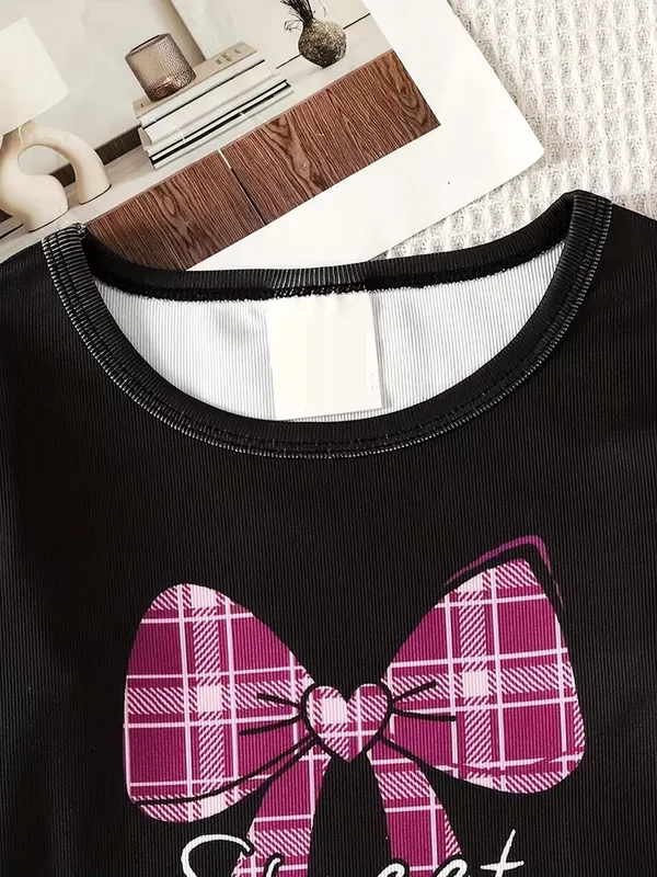 Girls_Black_Printed_Nightdress_Set_|_Sweet_Bow_T-Shirt_&_Wine_Check_Pajama_Nightwear