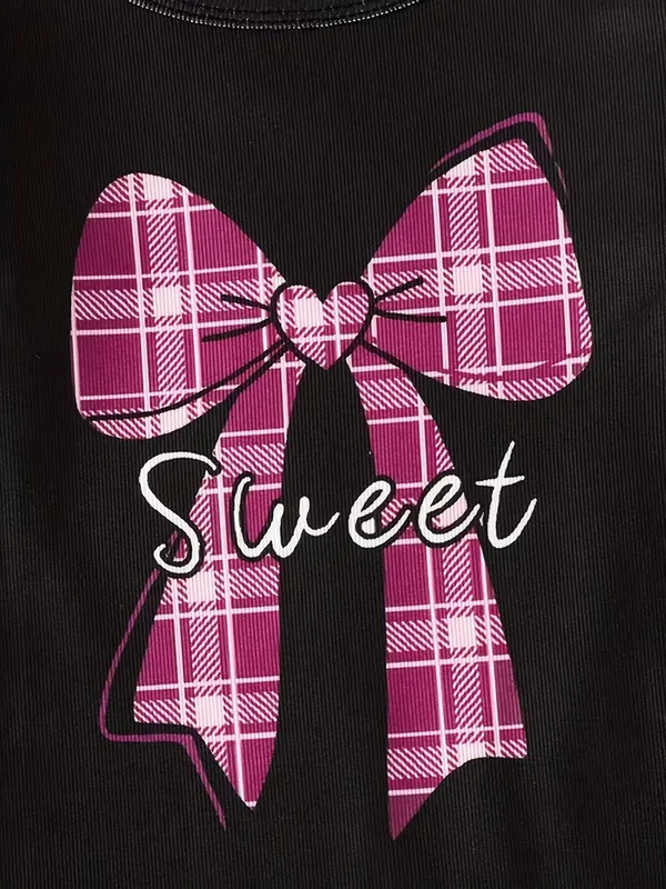 Girls_Black_Printed_Nightdress_Set_|_Sweet_Bow_T-Shirt_&_Wine_Check_Pajama_Nightwear