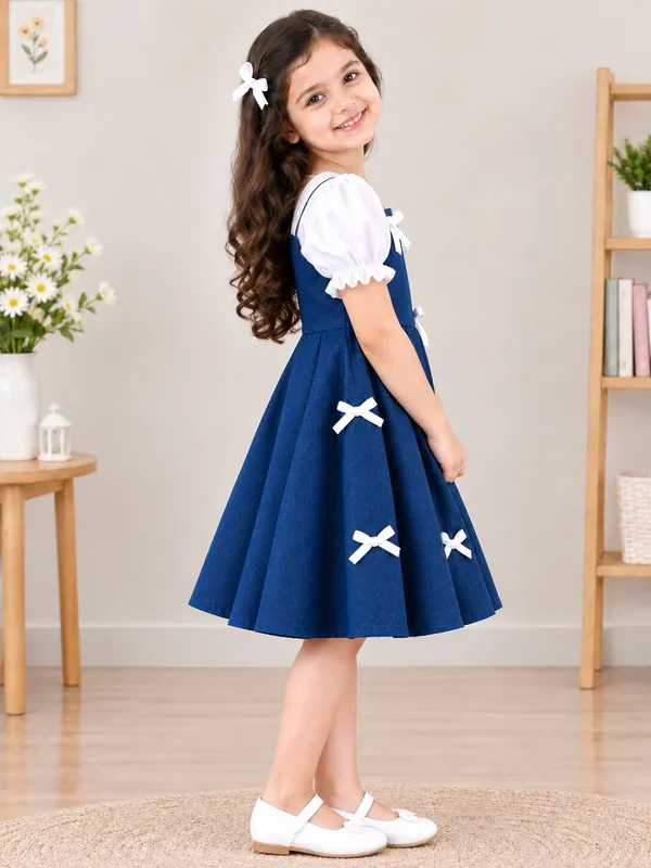 Girls_Denim_Fit_&_Flare_Frock_with_White_Puff_Sleeves_&_Bow_|_Premium_Party_Wear_Dress_for_Girls