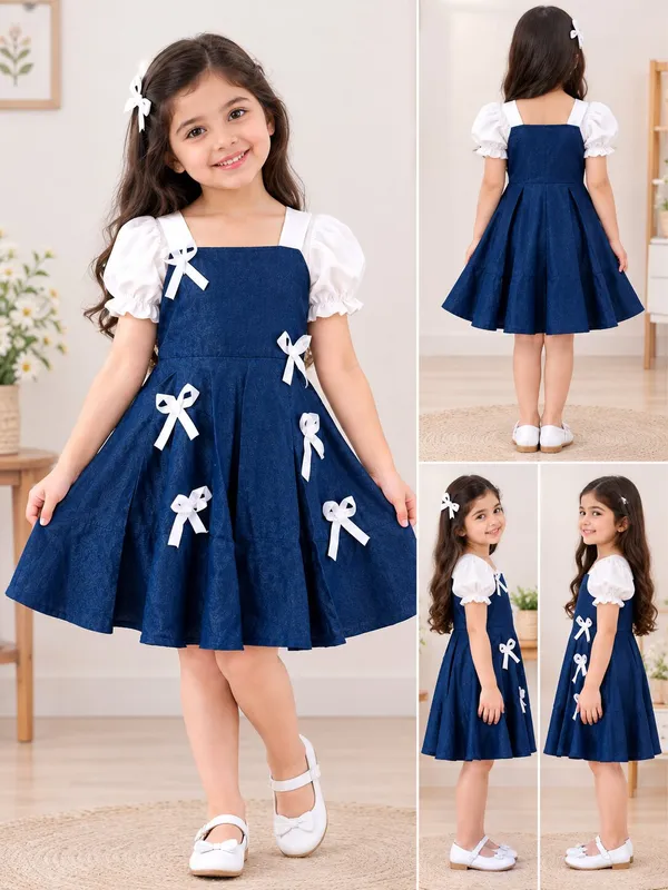 Girls_Denim_Fit_&_Flare_Frock_with_White_Puff_Sleeves_&_Bow_|_Premium_Party_Wear_Dress_for_Girls