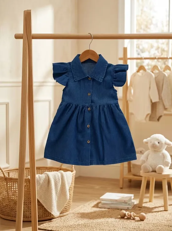 Girls_Denim_Shirt_Collar_A-Line_Frock_|_Dark_Blue_Button_Front_Sleeveless_Party_&_Casual_Dress