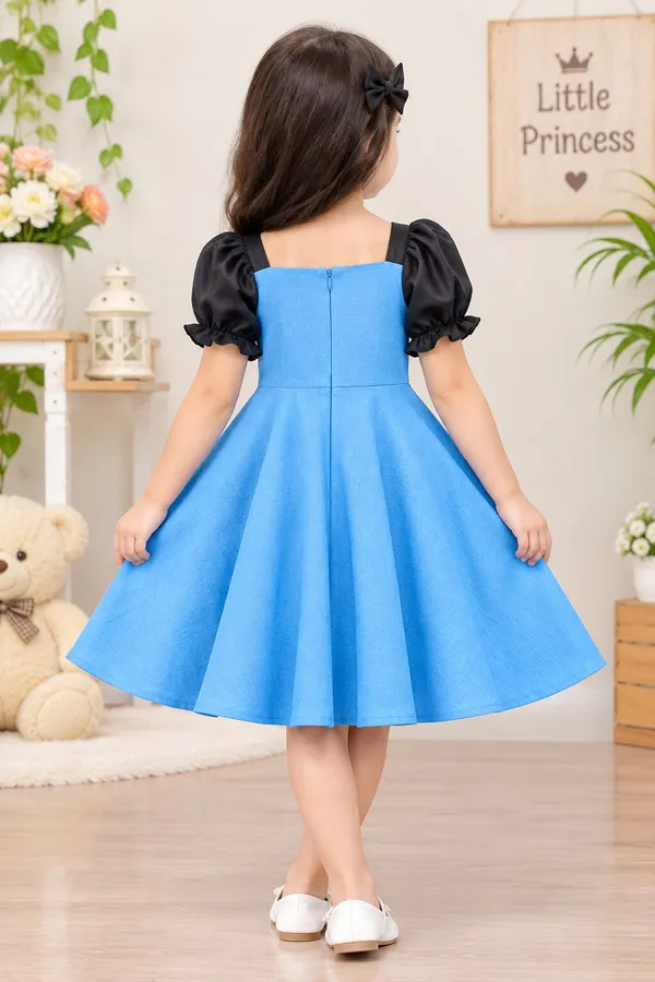 Girls_Denim_Sky_Blue_Fit_&_Flare_Frock_with_Black_Puff_Sleeves_&_Bow_|_Premium_Party_Wear_Dress