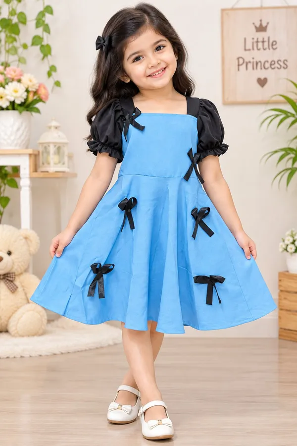 Girls_Denim_Sky_Blue_Fit_&_Flare_Frock_with_Black_Puff_Sleeves_&_Bow_|_Premium_Party_Wear_Dress