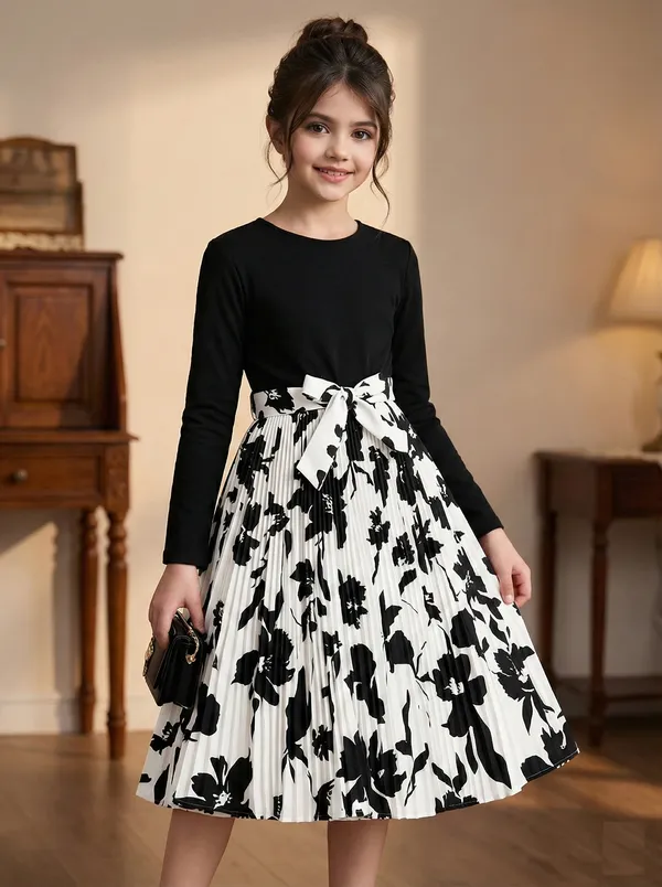 Girls_Elegant_Pleated_Floral_Midi_Frock_-_Black_Top_With_Printed_Skirt_|_Premium_Party_&_Casual_Wear