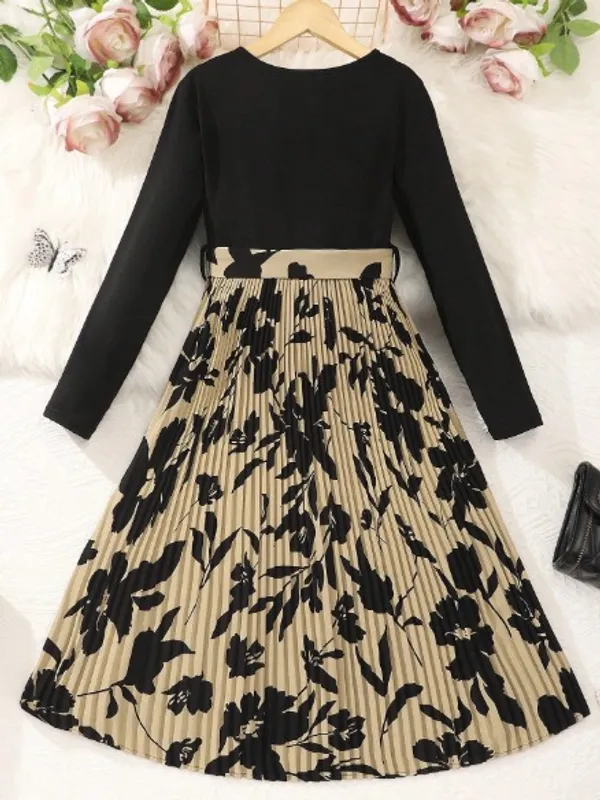 Girls_Elegant_Pleated_Floral_Midi_Frock_-_Black_Top_With_Printed_Skirt_|_Premium_Party_&_Casual_Wear