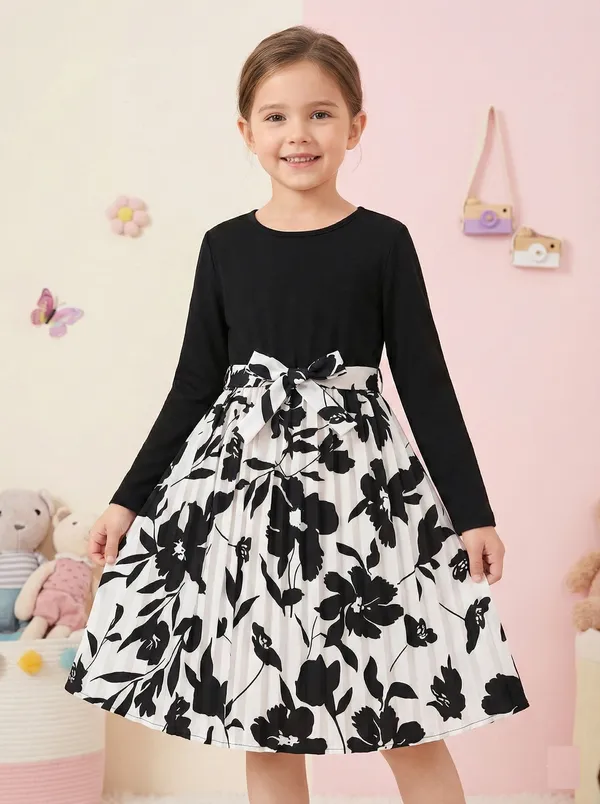 Girls_Elegant_Pleated_Floral_Midi_Frock_-_Black_Top_With_Printed_Skirt_|_Premium_Party_&_Casual_Wear