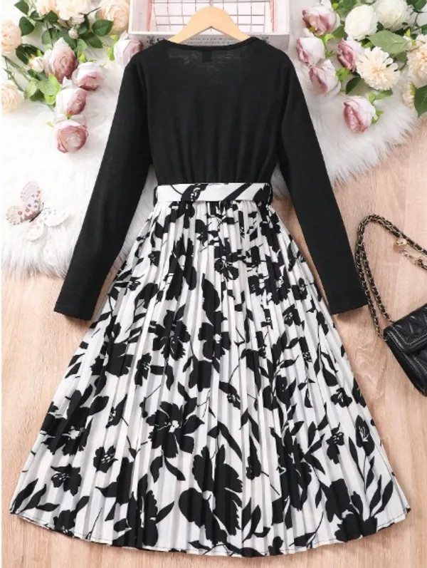 Girls_Elegant_Pleated_Floral_Midi_Frock_-_Black_Top_With_Printed_Skirt_|_Premium_Party_&_Casual_Wear
