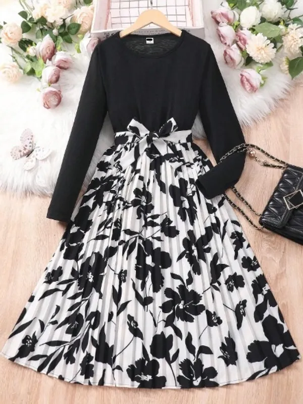 Girls_Elegant_Pleated_Floral_Midi_Frock_-_Black_Top_With_Printed_Skirt_|_Premium_Party_&_Casual_Wear