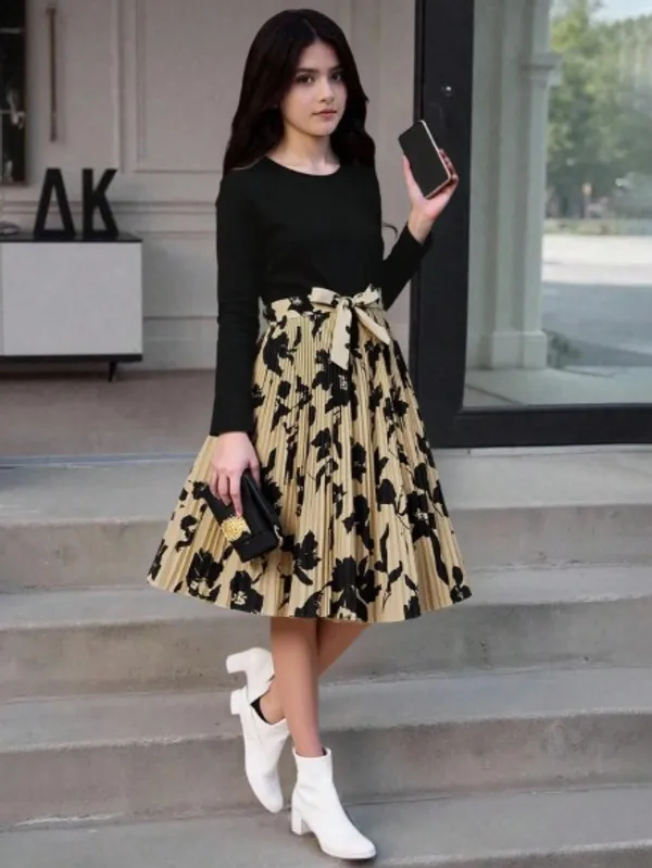 Girls_Elegant_Pleated_Floral_Midi_Frock_-_Black_Top_With_Printed_Skirt_|_Premium_Party_&_Casual_Wear