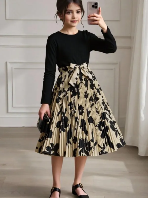 Girls_Elegant_Pleated_Floral_Midi_Frock_-_Black_Top_With_Printed_Skirt_|_Premium_Party_&_Casual_Wear