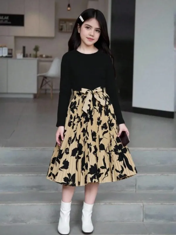Girls_Elegant_Pleated_Floral_Midi_Frock_-_Black_Top_With_Printed_Skirt_|_Premium_Party_&_Casual_Wear