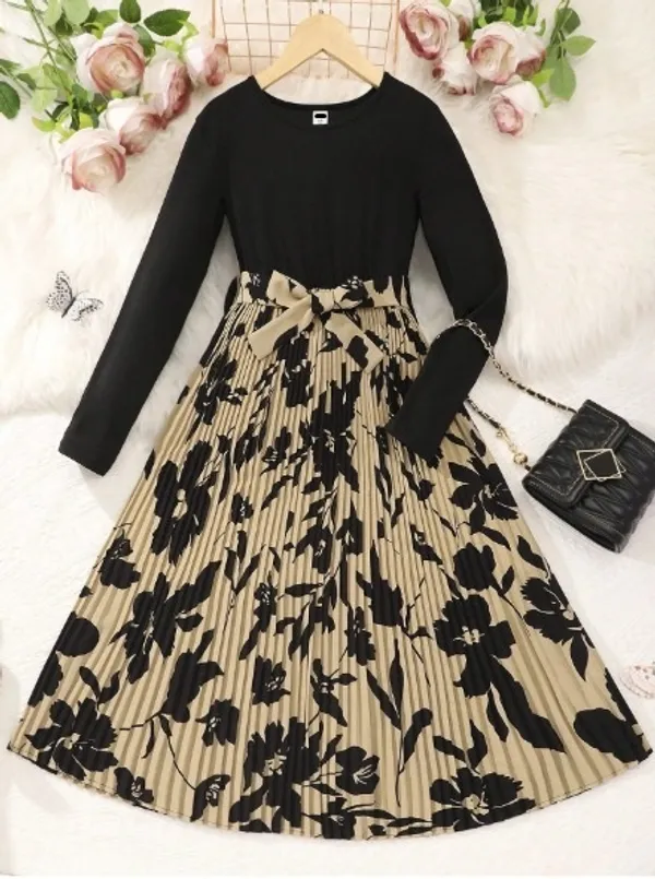 Girls_Elegant_Pleated_Floral_Midi_Frock_-_Black_Top_With_Printed_Skirt_|_Premium_Party_&_Casual_Wear
