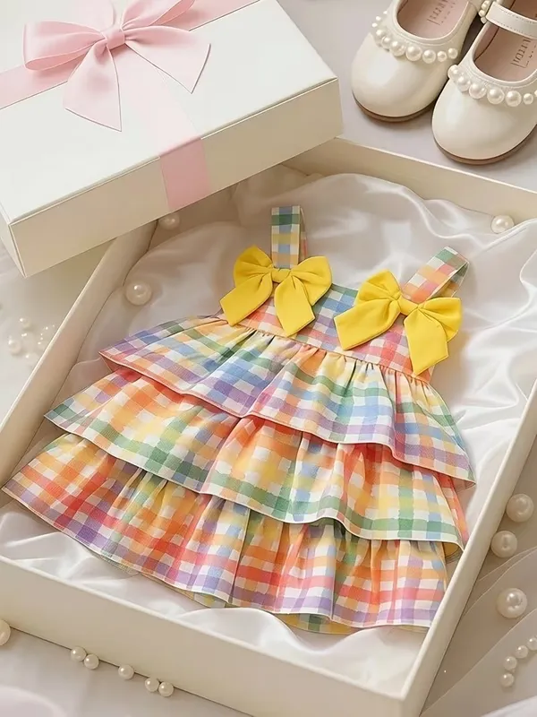 Girls_Rayon_Pastel_Rainbow_Check_Tiered_Frock_with_Yellow_Bow_|_Sleeveless_Party_Wear_Dress_for_Baby_Girls