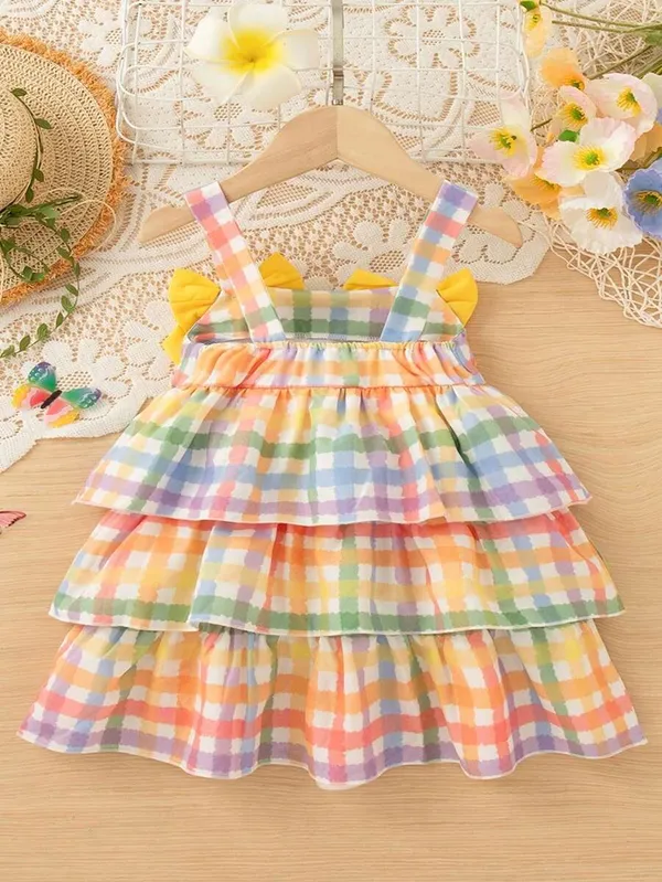 Girls_Rayon_Pastel_Rainbow_Check_Tiered_Frock_with_Yellow_Bow_|_Sleeveless_Party_Wear_Dress_for_Baby_Girls