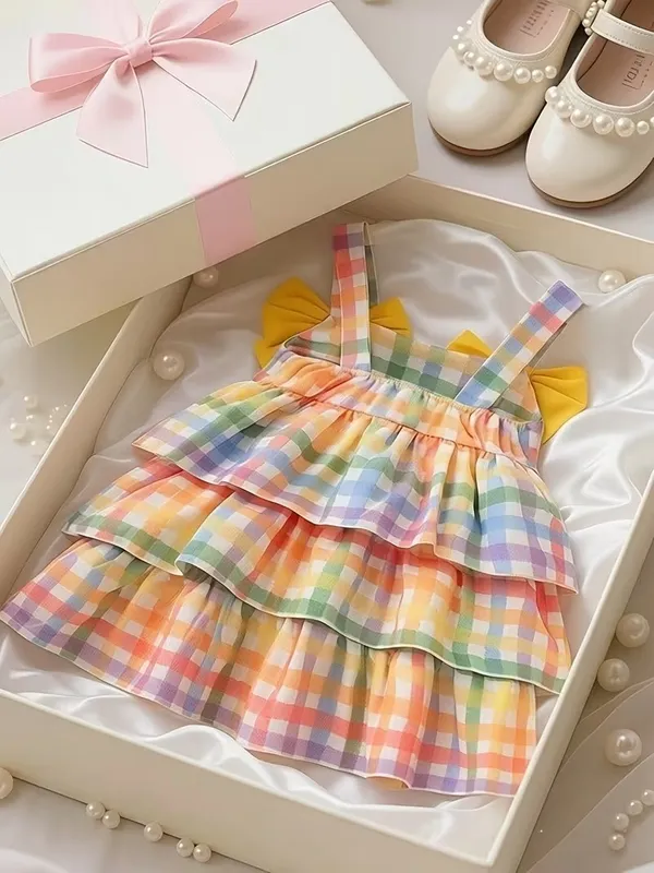 Girls_Rayon_Pastel_Rainbow_Check_Tiered_Frock_with_Yellow_Bow_|_Sleeveless_Party_Wear_Dress_for_Baby_Girls