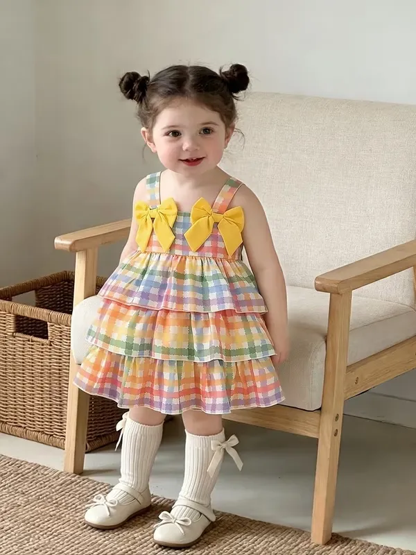 Girls_Rayon_Pastel_Rainbow_Check_Tiered_Frock_with_Yellow_Bow_|_Sleeveless_Party_Wear_Dress_for_Baby_Girls