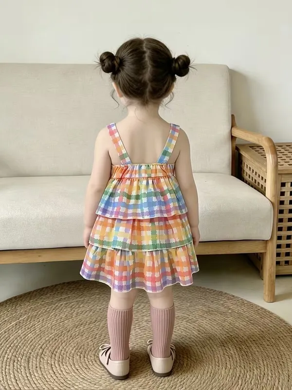 Girls_Rayon_Pastel_Rainbow_Check_Tiered_Frock_with_Yellow_Bow_|_Sleeveless_Party_Wear_Dress_for_Baby_Girls