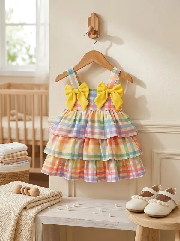 Girls_Rayon_Pastel_Rainbow_Check_Tiered_Frock_with_Yellow_Bow_|_Sleeveless_Party_Wear_Dress_for_Baby_Girls