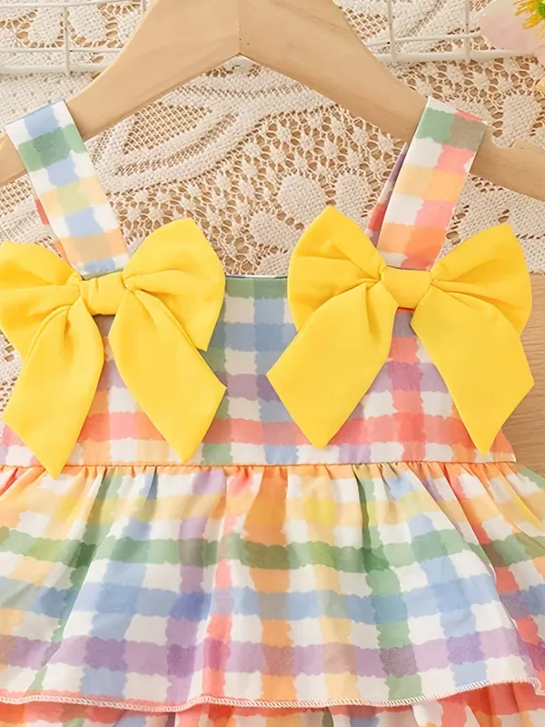 Girls_Rayon_Pastel_Rainbow_Check_Tiered_Frock_with_Yellow_Bow_|_Sleeveless_Party_Wear_Dress_for_Baby_Girls