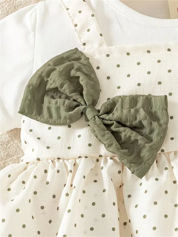 Girls_Rayon_White_Polka_Dot_Layered_Frock_with_Olive_Green_Bow_|_Soft_Party_Wear_Dress_for_Baby_Girls