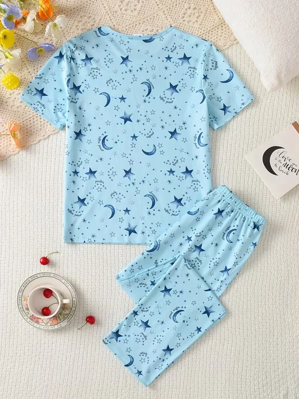 Girls_Sky_Blue_Star_&_Moon_Print_Nightwear_Set_|_Short_Sleeve_Top_&_Pajama_Kids_Night_Suit