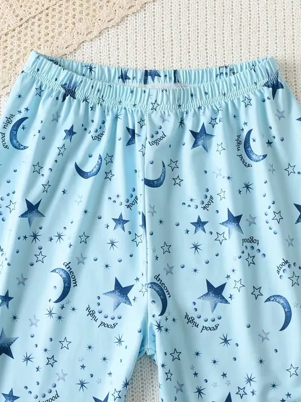 Girls_Sky_Blue_Star_&_Moon_Print_Nightwear_Set_|_Short_Sleeve_Top_&_Pajama_Kids_Night_Suit