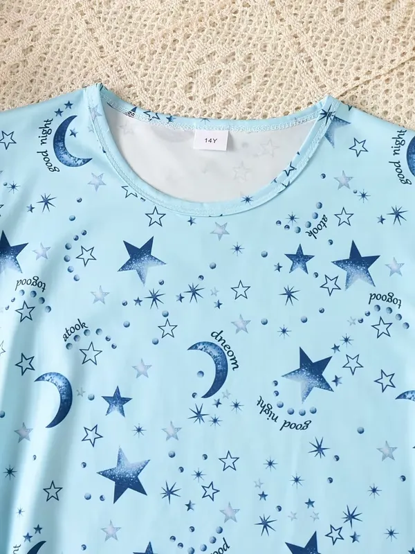 Girls_Sky_Blue_Star_&_Moon_Print_Nightwear_Set_|_Short_Sleeve_Top_&_Pajama_Kids_Night_Suit