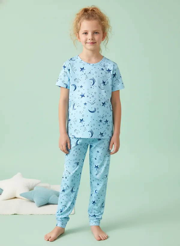Girls_Sky_Blue_Star_&_Moon_Print_Nightwear_Set_|_Short_Sleeve_Top_&_Pajama_Kids_Night_Suit