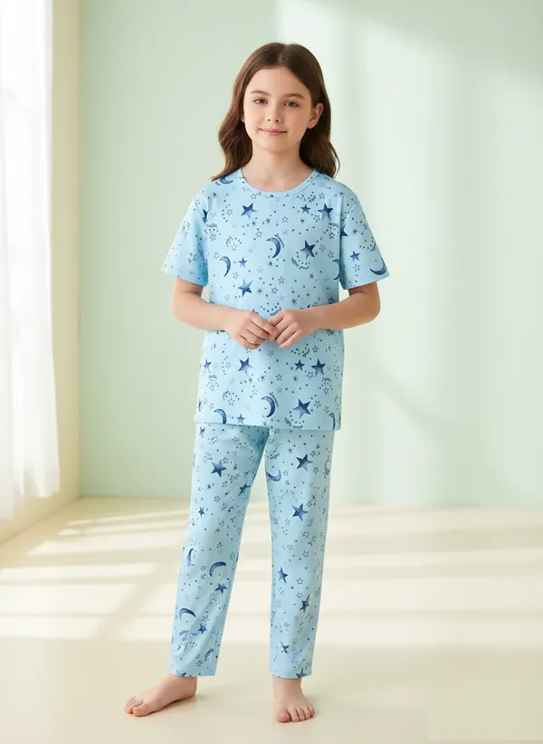 Girls_Sky_Blue_Star_&_Moon_Print_Nightwear_Set_|_Short_Sleeve_Top_&_Pajama_Kids_Night_Suit