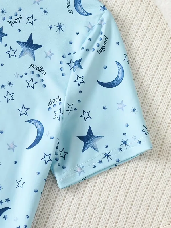 Girls_Sky_Blue_Star_&_Moon_Print_Nightwear_Set_|_Short_Sleeve_Top_&_Pajama_Kids_Night_Suit