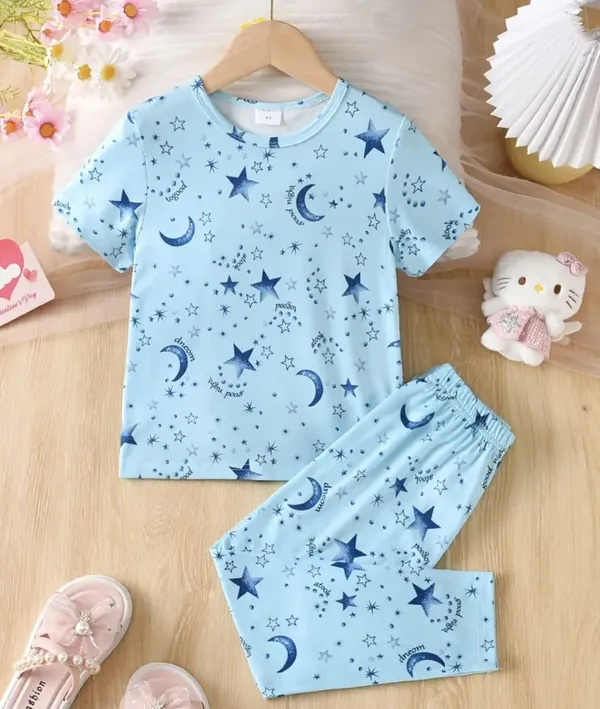 Girls_Sky_Blue_Star_&_Moon_Print_Nightwear_Set_|_Short_Sleeve_Top_&_Pajama_Kids_Night_Suit