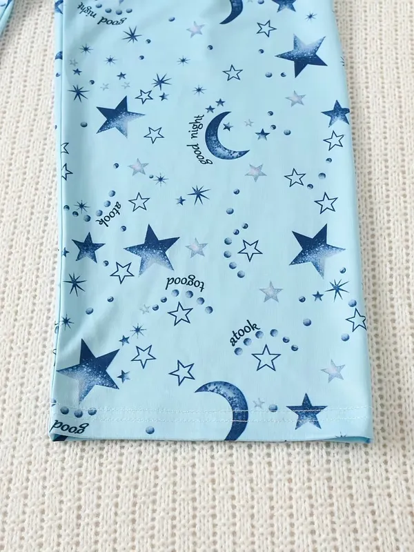 Girls_Sky_Blue_Star_&_Moon_Print_Nightwear_Set_|_Short_Sleeve_Top_&_Pajama_Kids_Night_Suit
