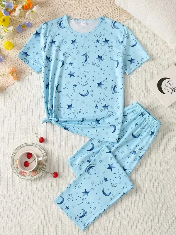 Girls_Sky_Blue_Star_&_Moon_Print_Nightwear_Set_|_Short_Sleeve_Top_&_Pajama_Kids_Night_Suit