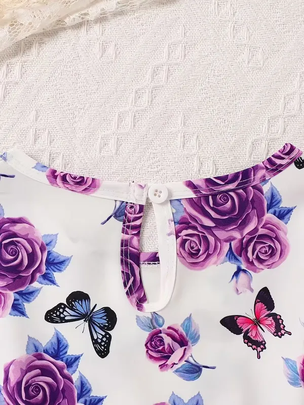 Girls'_Elegant_Floral_&_Print_Ruffled_Sleeve_Dress_With_Bow_Waist_-_Pink_&_Floral_Print,_Round_Neck_Lace_Trim,_Long_Sleeve_A-Line_Skirt,_Spring/Fall_Casual_Party_Outfit_For_Youngsters,_Dresses_For_Girls,_Nonstretch_Dress_Decorative_Bow_Dress