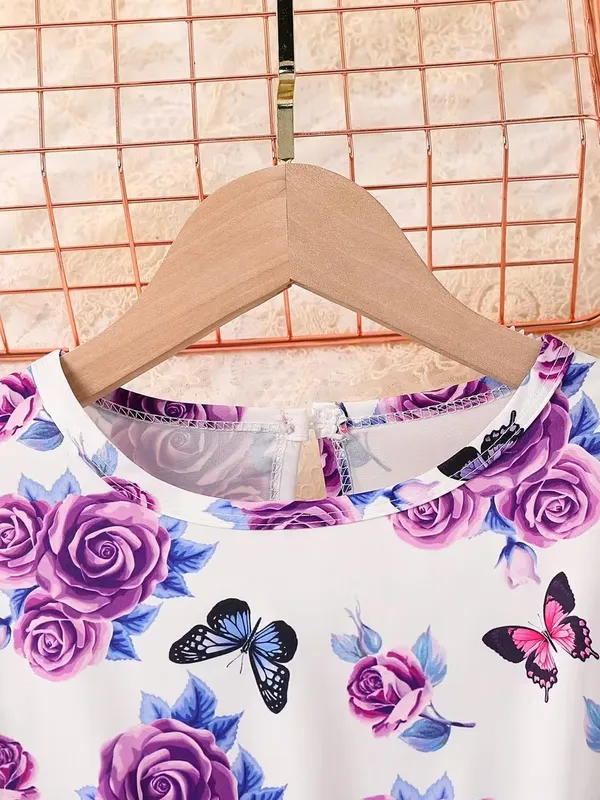 Girls'_Elegant_Floral_&_Print_Ruffled_Sleeve_Dress_With_Bow_Waist_-_Pink_&_Floral_Print,_Round_Neck_Lace_Trim,_Long_Sleeve_A-Line_Skirt,_Spring/Fall_Casual_Party_Outfit_For_Youngsters,_Dresses_For_Girls,_Nonstretch_Dress_Decorative_Bow_Dress