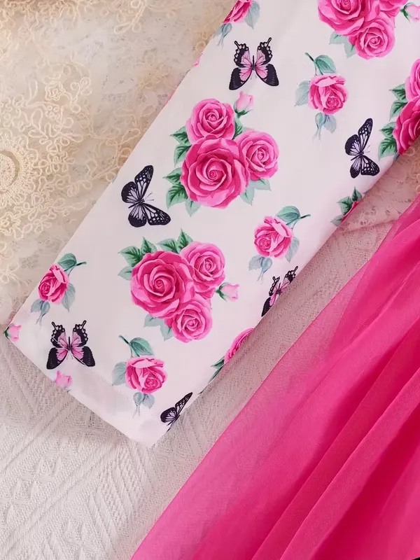 Girls'_Elegant_Floral_&_Print_Ruffled_Sleeve_Dress_With_Bow_Waist_-_Pink_&_Floral_Print,_Round_Neck_Lace_Trim,_Long_Sleeve_A-Line_Skirt,_Spring/Fall_Casual_Party_Outfit_For_Youngsters,_Dresses_For_Girls,_Nonstretch_Dress_Decorative_Bow_Dress