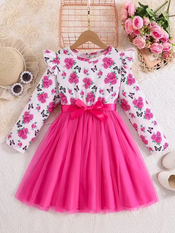 Girls'_Elegant_Floral_&_Print_Ruffled_Sleeve_Dress_With_Bow_Waist_-_Pink_&_Floral_Print,_Round_Neck_Lace_Trim,_Long_Sleeve_A-Line_Skirt,_Spring/Fall_Casual_Party_Outfit_For_Youngsters,_Dresses_For_Girls,_Nonstretch_Dress_Decorative_Bow_Dress