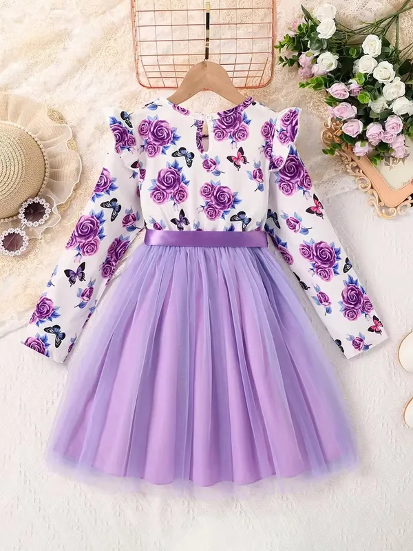 Girls'_Elegant_Floral_&_Print_Ruffled_Sleeve_Dress_With_Bow_Waist_-_Pink_&_Floral_Print,_Round_Neck_Lace_Trim,_Long_Sleeve_A-Line_Skirt,_Spring/Fall_Casual_Party_Outfit_For_Youngsters,_Dresses_For_Girls,_Nonstretch_Dress_Decorative_Bow_Dress