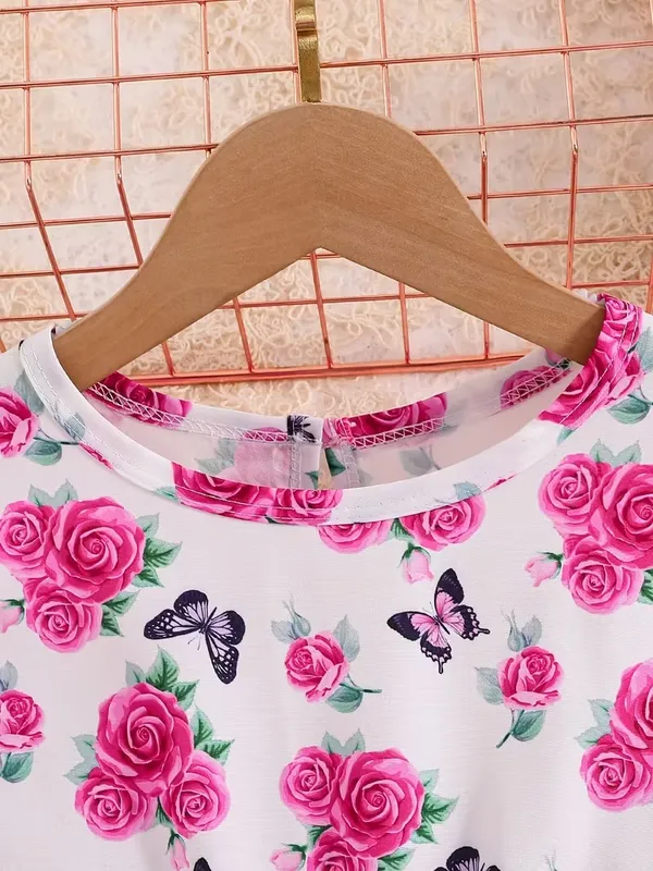 Girls'_Elegant_Floral_&_Print_Ruffled_Sleeve_Dress_With_Bow_Waist_-_Pink_&_Floral_Print,_Round_Neck_Lace_Trim,_Long_Sleeve_A-Line_Skirt,_Spring/Fall_Casual_Party_Outfit_For_Youngsters,_Dresses_For_Girls,_Nonstretch_Dress_Decorative_Bow_Dress