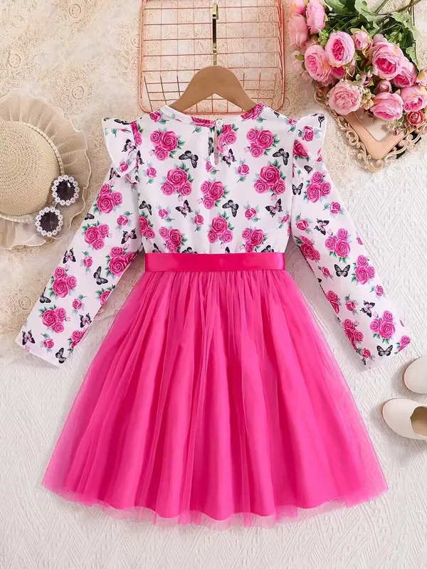 Girls'_Elegant_Floral_&_Print_Ruffled_Sleeve_Dress_With_Bow_Waist_-_Pink_&_Floral_Print,_Round_Neck_Lace_Trim,_Long_Sleeve_A-Line_Skirt,_Spring/Fall_Casual_Party_Outfit_For_Youngsters,_Dresses_For_Girls,_Nonstretch_Dress_Decorative_Bow_Dress