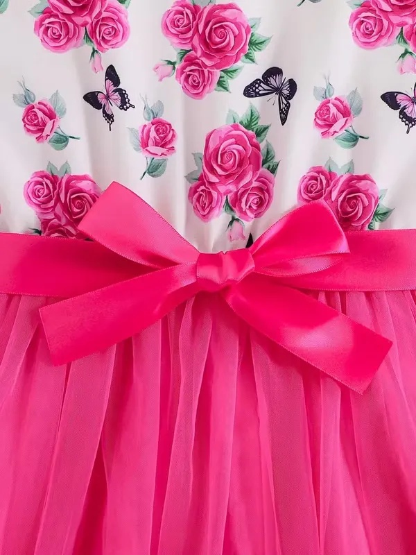 Girls'_Elegant_Floral_&_Print_Ruffled_Sleeve_Dress_With_Bow_Waist_-_Pink_&_Floral_Print,_Round_Neck_Lace_Trim,_Long_Sleeve_A-Line_Skirt,_Spring/Fall_Casual_Party_Outfit_For_Youngsters,_Dresses_For_Girls,_Nonstretch_Dress_Decorative_Bow_Dress