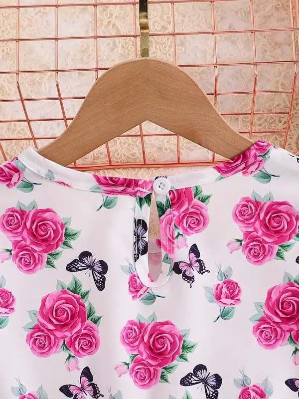 Girls'_Elegant_Floral_&_Print_Ruffled_Sleeve_Dress_With_Bow_Waist_-_Pink_&_Floral_Print,_Round_Neck_Lace_Trim,_Long_Sleeve_A-Line_Skirt,_Spring/Fall_Casual_Party_Outfit_For_Youngsters,_Dresses_For_Girls,_Nonstretch_Dress_Decorative_Bow_Dress