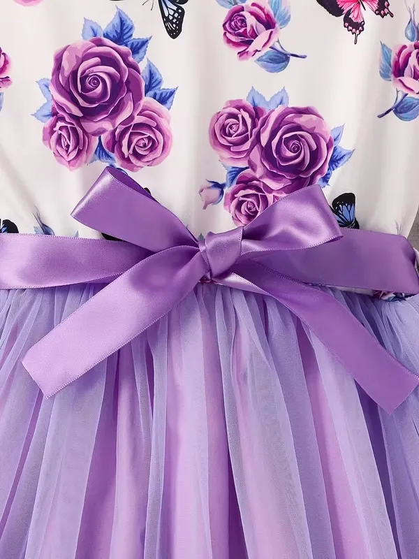 Girls'_Elegant_Floral_&_Print_Ruffled_Sleeve_Dress_With_Bow_Waist_-_Pink_&_Floral_Print,_Round_Neck_Lace_Trim,_Long_Sleeve_A-Line_Skirt,_Spring/Fall_Casual_Party_Outfit_For_Youngsters,_Dresses_For_Girls,_Nonstretch_Dress_Decorative_Bow_Dress