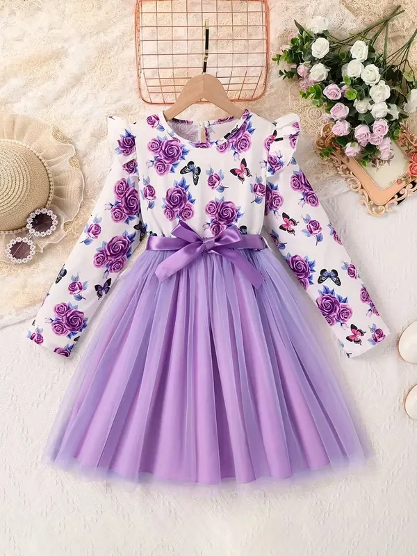 Girls'_Elegant_Floral_&_Print_Ruffled_Sleeve_Dress_With_Bow_Waist_-_Pink_&_Floral_Print,_Round_Neck_Lace_Trim,_Long_Sleeve_A-Line_Skirt,_Spring/Fall_Casual_Party_Outfit_For_Youngsters,_Dresses_For_Girls,_Nonstretch_Dress_Decorative_Bow_Dress