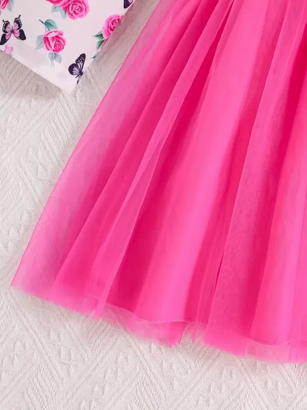 Girls'_Elegant_Floral_&_Print_Ruffled_Sleeve_Dress_With_Bow_Waist_-_Pink_&_Floral_Print,_Round_Neck_Lace_Trim,_Long_Sleeve_A-Line_Skirt,_Spring/Fall_Casual_Party_Outfit_For_Youngsters,_Dresses_For_Girls,_Nonstretch_Dress_Decorative_Bow_Dress