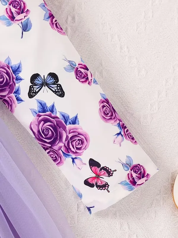 Girls'_Elegant_Floral_&_Print_Ruffled_Sleeve_Dress_With_Bow_Waist_-_Pink_&_Floral_Print,_Round_Neck_Lace_Trim,_Long_Sleeve_A-Line_Skirt,_Spring/Fall_Casual_Party_Outfit_For_Youngsters,_Dresses_For_Girls,_Nonstretch_Dress_Decorative_Bow_Dress